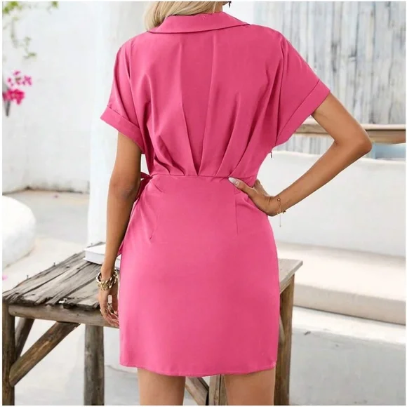 C Solid Surplice Batwing Sleeve Side Tie Dress - Picture 8 of 8